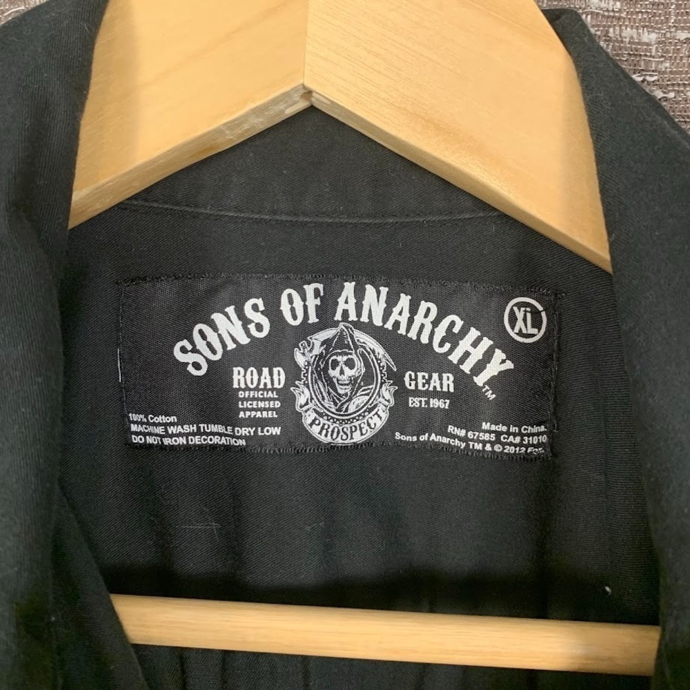 Sons of Anarchy Black Button Up Shirt Short Sleeve Biker Reaper Patch Men's XL - Picture 5 of 8